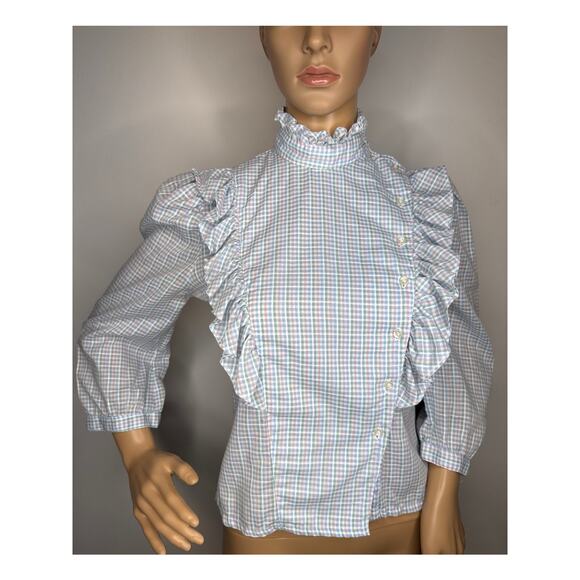 Vintage 1980s Stuart Lang Ruffle blue white Plaid High Neck Prairie Blouse small - Picture 14 of 16